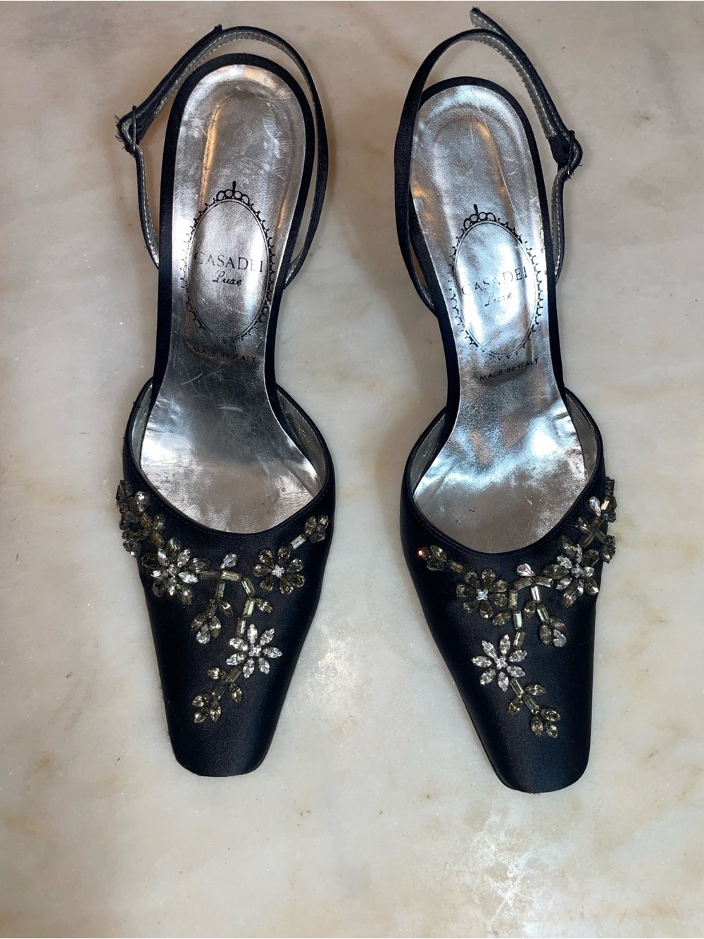 Casadei Black Satin Embellished Slingback Heels
